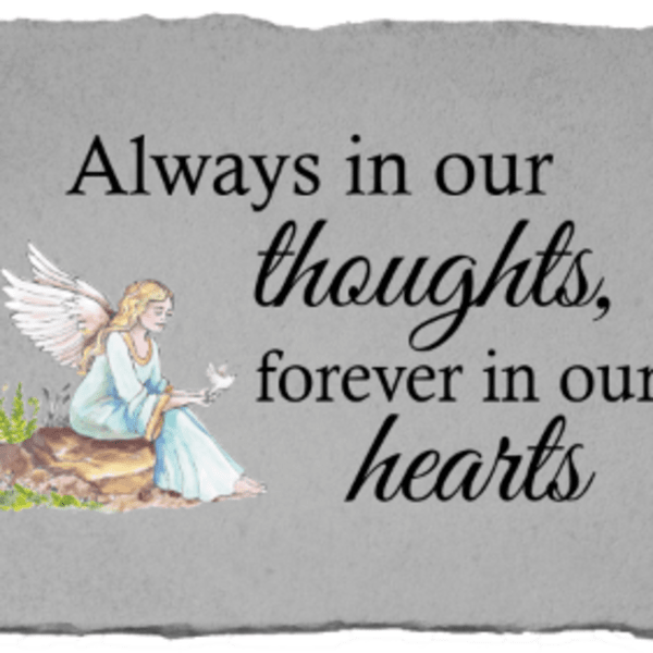 Gray memorial plaque with an angel and the words "Always in our thoughts"