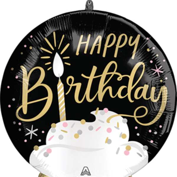 Birthday balloon with cake graphic and gold lettering