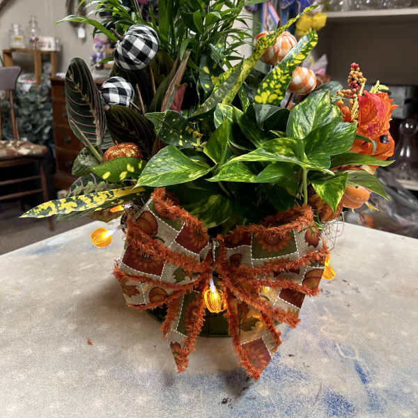 Potted foliage arrangement with a large autumn ribbon and decorative lights