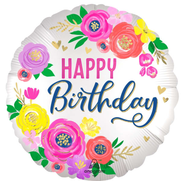 18" Satin Artful Floral Birthday Foil Balloon
