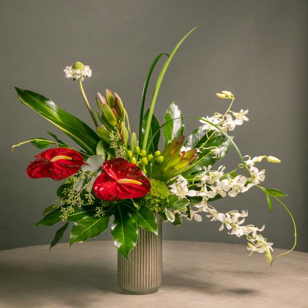 Tropical floral arrangement with red anthuriums and white orchids in a ribbed vase