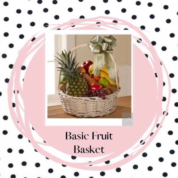 Fruit basket with pineapple, bananas, apples, grapes, and pears in a wicker basket