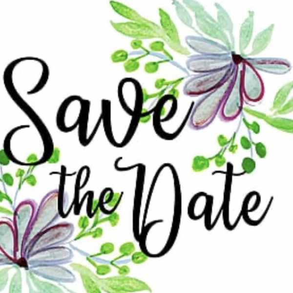 Decorative graphic with the words "Save the Date" and floral accents