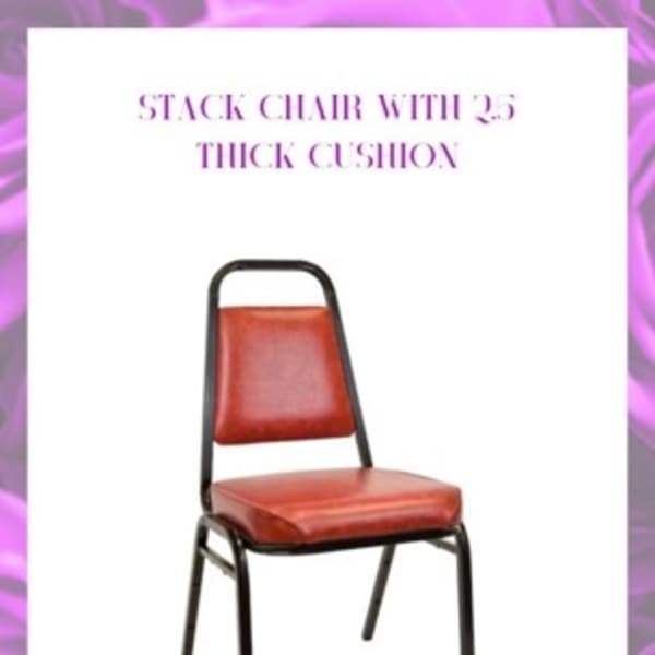 Red padded stack chair with black metal frame and event rental text