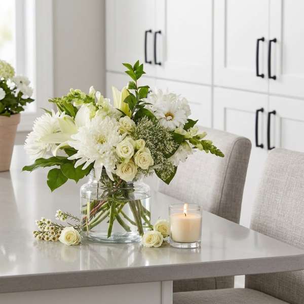White floral arrangement in a clear glass vase on a table beside a candle