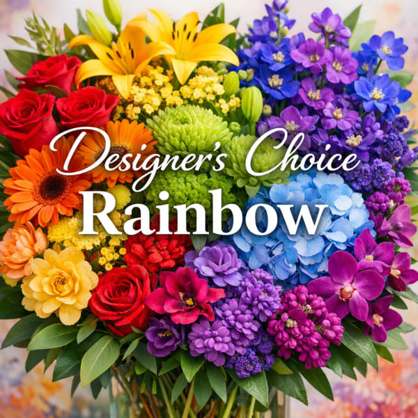 Rainbow bouquet with roses, lilies, daisies, and hydrangeas in a vase