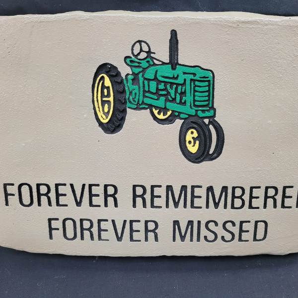 "Forever Remembered" Green Tractor Concrete Stone with Easel