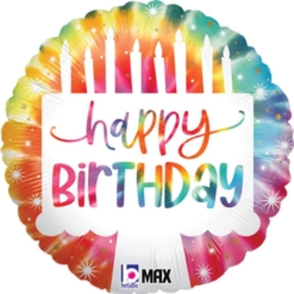 Rainbow birthday balloon with candles and "happy BIRTHDAY" text