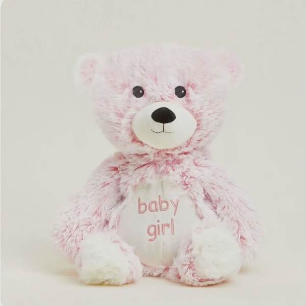 Pink teddy bear with "baby girl" text on its belly