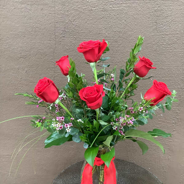 6 long stem red roses