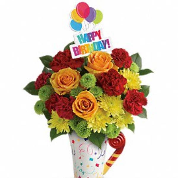 Birthday bouquet in a decorated cup with a Happy Birthday topper and balloons