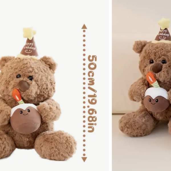 Plush teddy bear holding a cupcake and wearing a birthday hat