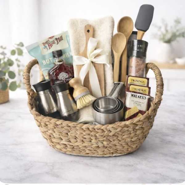 Gift basket with tea, snacks, and kitchen utensils