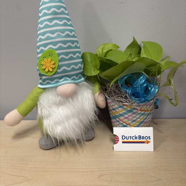 Potted green plant beside a plush gnome in a striped hat