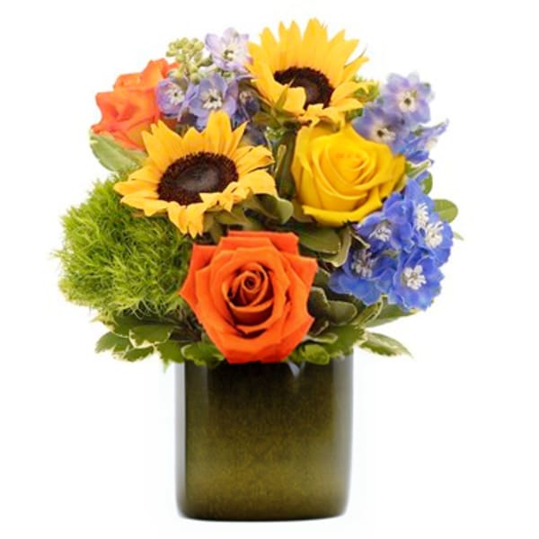 Bouquet of sunflowers, roses, and blue flowers in a dark vase
