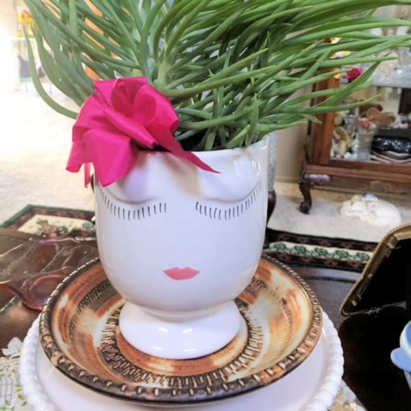 Potted green plant in a white face-shaped vase with a pink bow