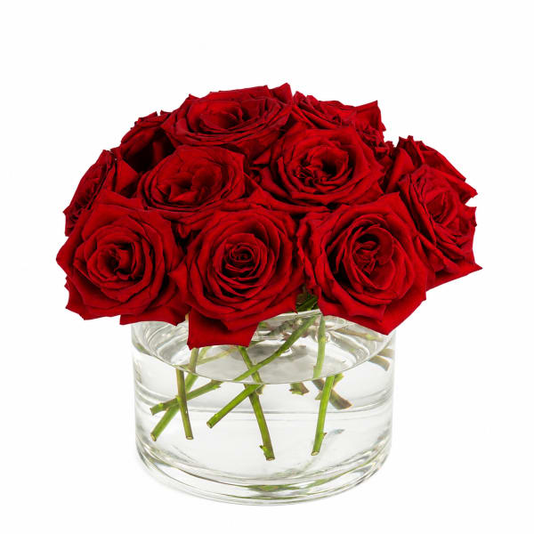 Red roses arranged in a clear glass vase