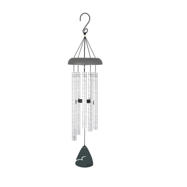Hanging metal wind chime with silver tubes and a dark clapper