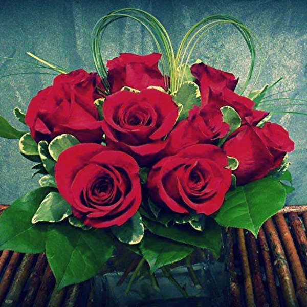 Bouquet of red roses with green foliage