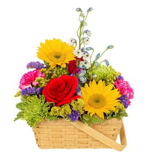 Basket arrangement with red roses, yellow daisies, and purple flowers