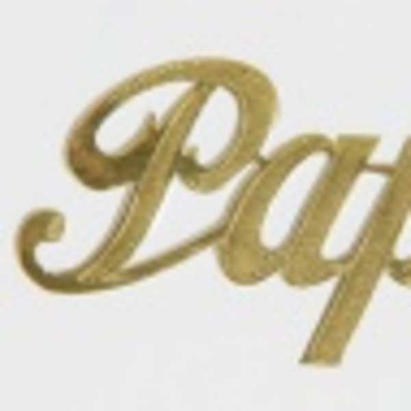 Gold script word "Papa" on a white background