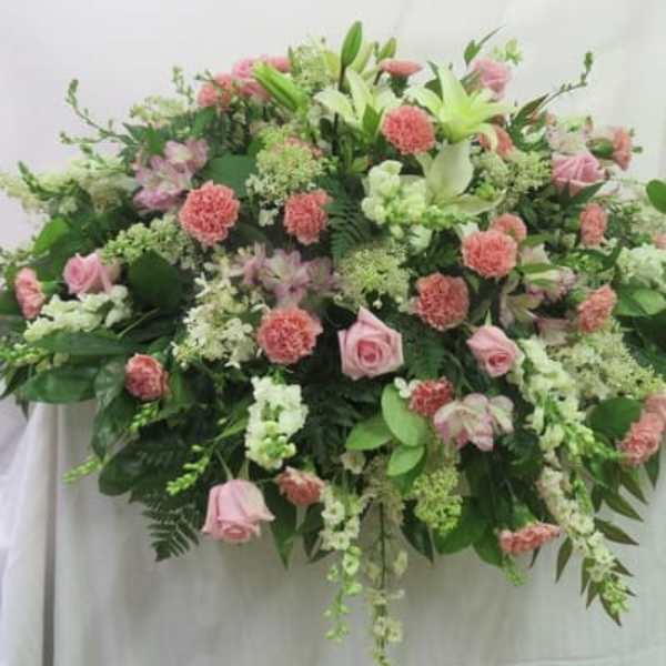 Green Hydrangea, Pink Roses And Orchids Casket Spray