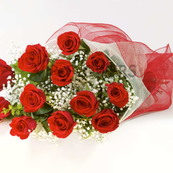 Bouquet of red roses wrapped in red mesh with baby's breath