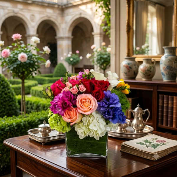 Colorful bouquet of roses, calla lilies, and hydrangeas in a glass vase