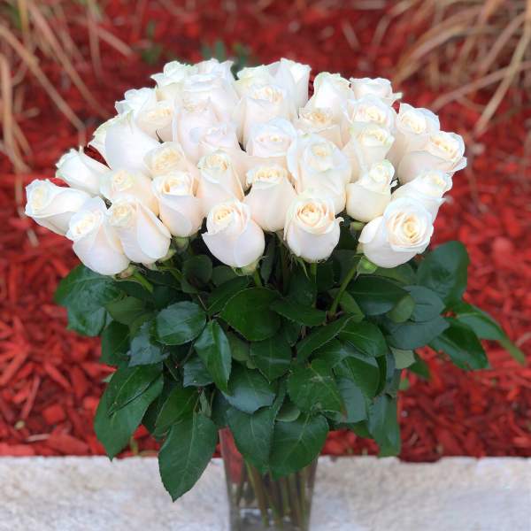 Bouquet of white roses in a clear glass vase