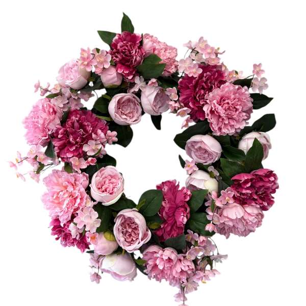 Pink floral wreath with roses and peonies on a white background