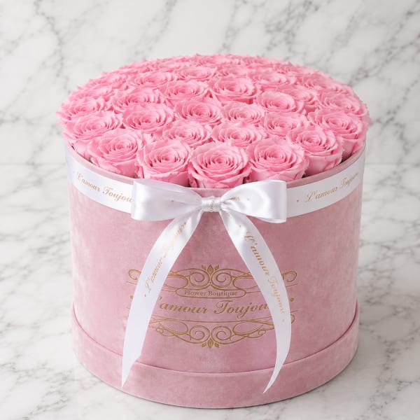 Round pink box filled with pink roses and tied with a white ribbon