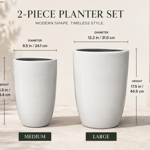 Two white ceramic planter pots in medium and large sizes