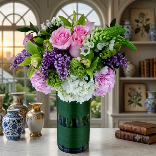 Pink roses and purple flowers in a tall green vase
