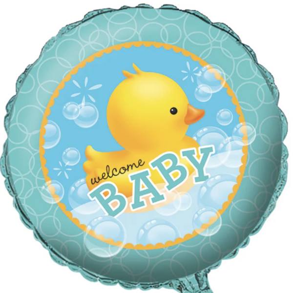 Round teal balloon with a yellow duck and the words welcome BABY