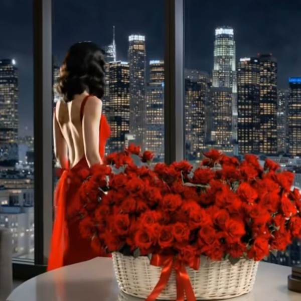 Basket of red roses with a red ribbon, beside a woman in a red dress
