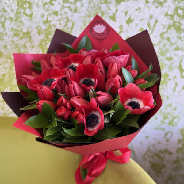 Bouquet of red anemones wrapped in pink and burgundy paper