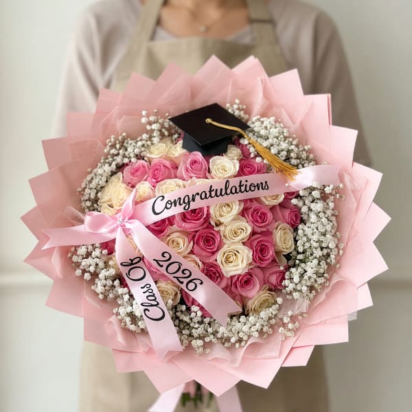 50 Roses Pink & White Graduation Bouquet