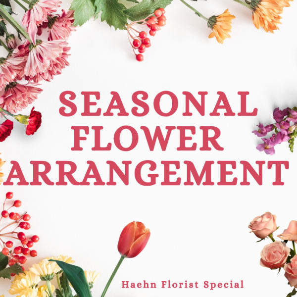 Seasonal flower arrangement graphic with assorted flowers around the edges