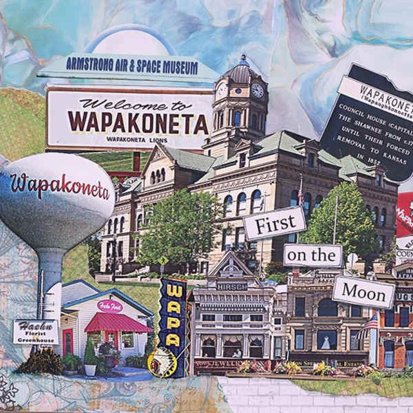 Collage of Wapakoneta landmarks and signs, including a water tower and courthouse.