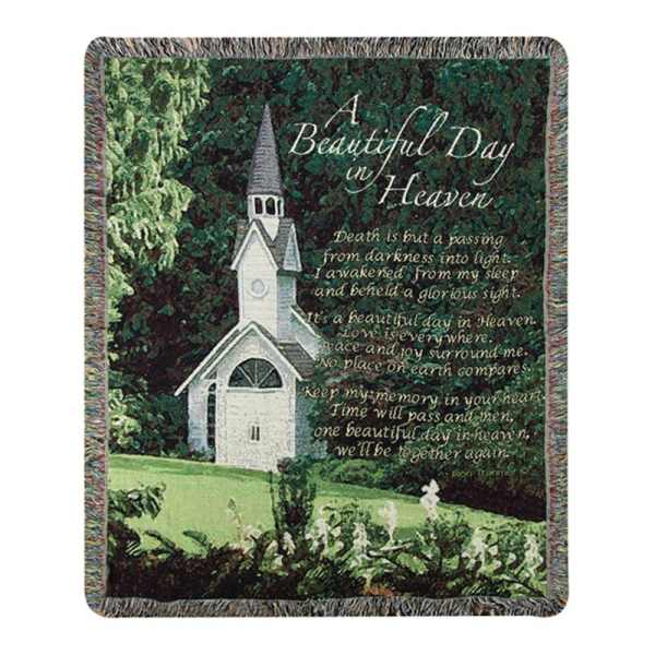 Memorial blanket with a church and the words 'A Beautiful Day in Heaven'