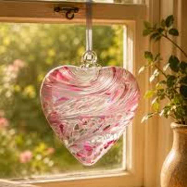 Heart-shaped pink and white glass ornament hanging in a window
