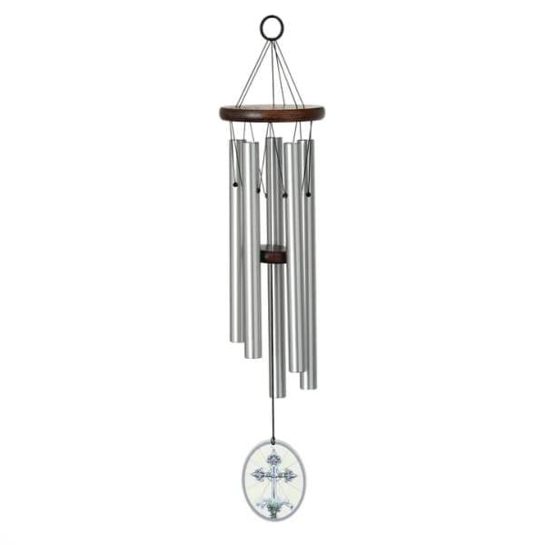 Metal wind chime with silver tubes and a cross pendant