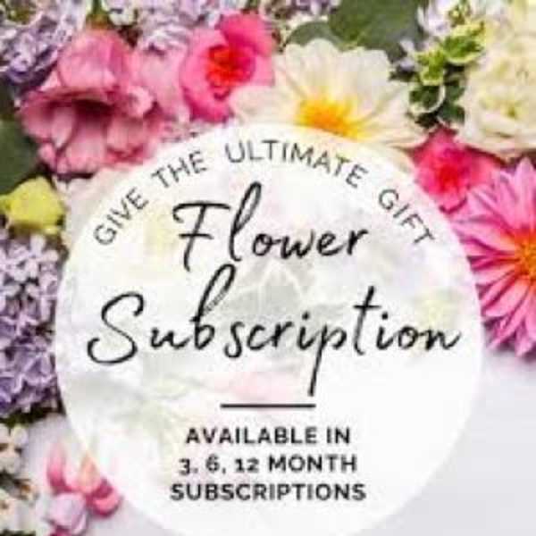 Flower subscription sign surrounded by colorful blooms