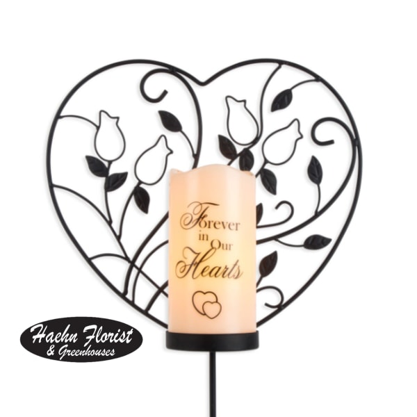 Heart-shaped memorial candle holder with the words Forever in Our Hearts