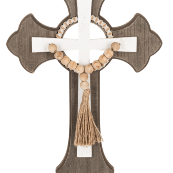 Wooden cross wall decor with a bead rosary and tassel