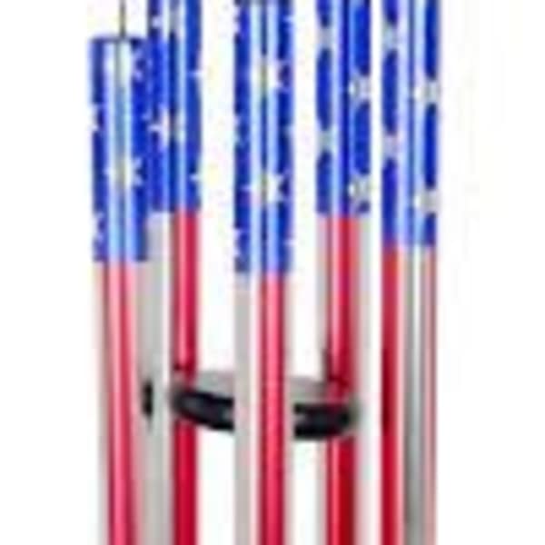 Patriotic wind chime with red, white, and blue tubes hanging from a black top and clapper.