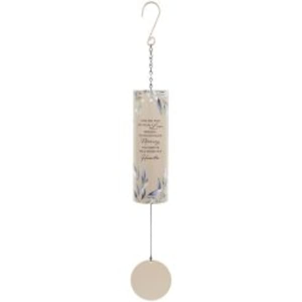 Hanging metal wind chime with a cylindrical printed tube and round beige striker