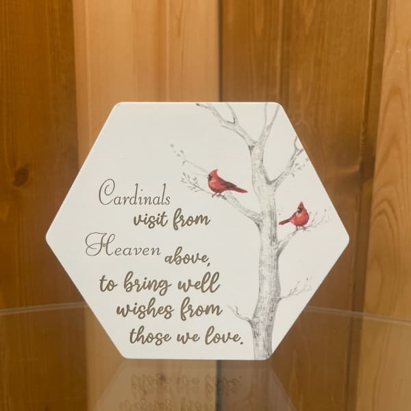 Hexagonal sympathy plaque with cardinals and a memorial message