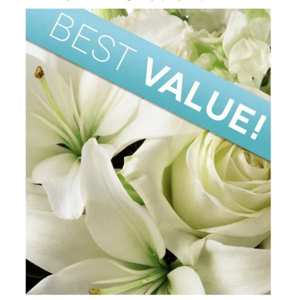 White lilies and roses with a blue "BEST VALUE!" banner