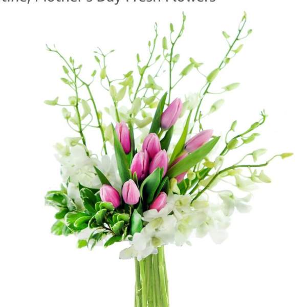 Pink tulip bouquet with white orchids and green foliage